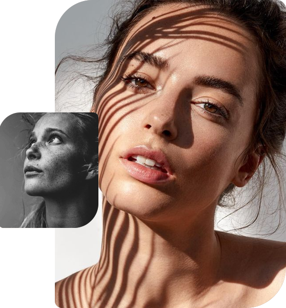 Rosto feminino em cores RGB sobreposto por rosto em preto e branco representando o conceito de beleza natural e inovação da Dra. Juliana Saboia Dermatologia